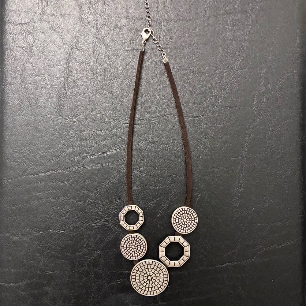 Women’s Brown Cord Necklace with Silver Medallions